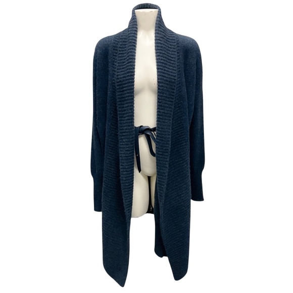 LORO PIANA NAVY LAMBSKIN LEATHER BELTED CASHMERE KNIT LONG CARDIGAN SWEATER - Picture 1 of 5